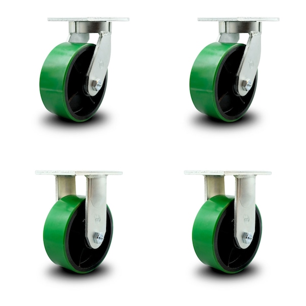 8 Inch Heavy Duty Green Poly on Cast Iron Caster Swivel Locks 2 Rigid SCC, 2PK